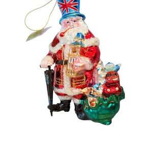 6" WORLD TRAVELER SANTA Great Britain Blown GLASS CHRISTMAS ORNAMENT New‎